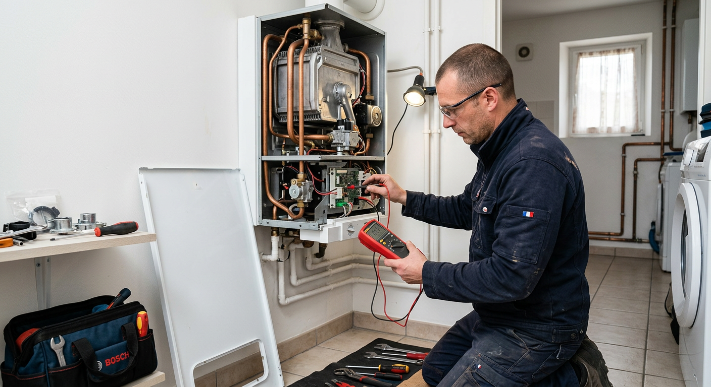 Chauffagiste réparant une chaudière gaz murale à Maisons-Laffitte