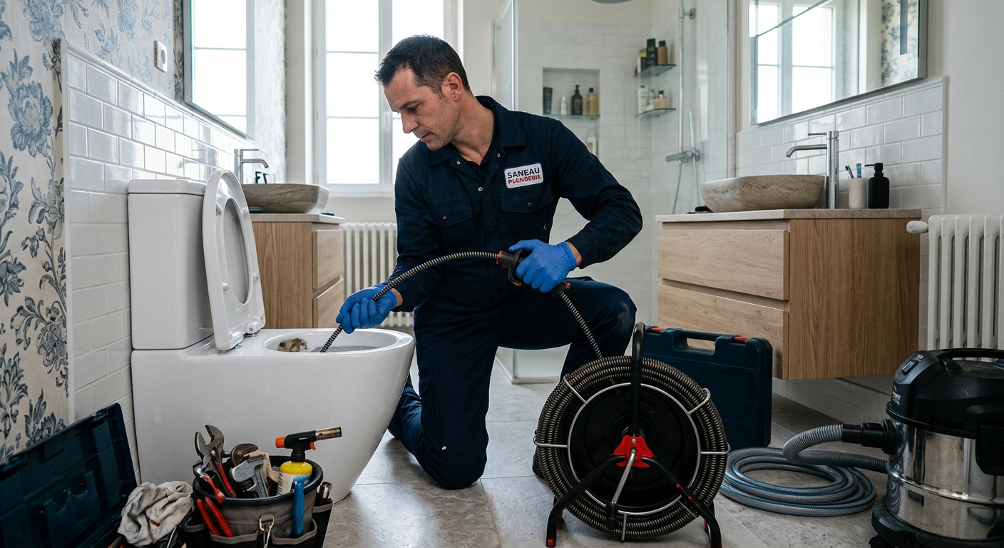 Plombier débouchant des WC avec un furet électrique à Maisons-Laffitte