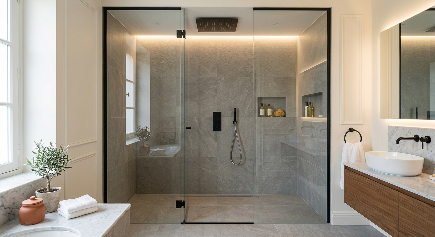 Installation de salle de bain moderne avec douche à l'italienne à Maisons-Laffitte